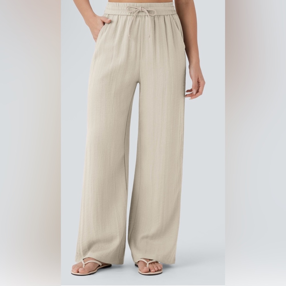 Halara High Waisted Drawstring Pocket Wide Leg Linen-Feel Pants NWT Size XS